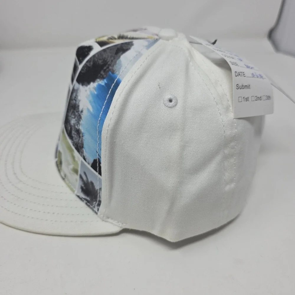 HYP Baseball Cap Mens 60cm White Fitted Cap Surf Skate Collage Photo Print NWT